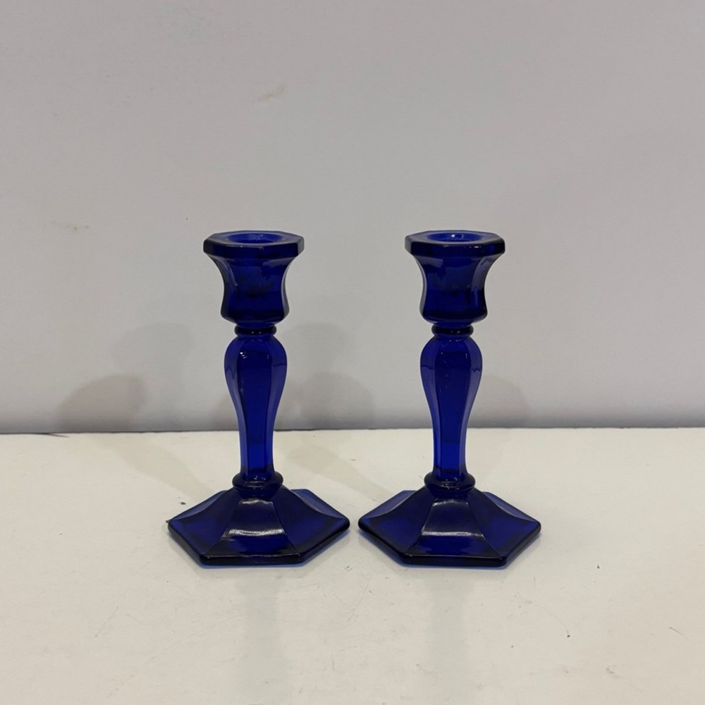 2 Candle Holders COBALT Blue Glass Hexagon Base